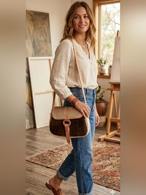 Womens Handmade Brown Cowhide Leather Whipstitch CrossBody Bag 10x7"
